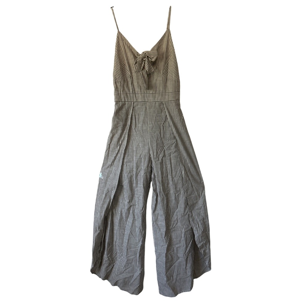Japna Grey White Striped Tie Front Wide Leg Slit Jumpsuit Size M 100% cotton
